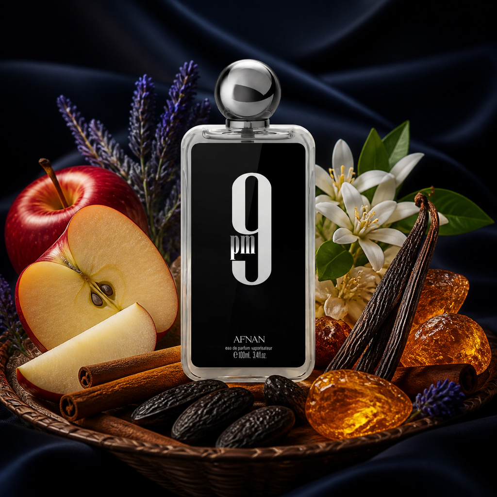 Afnan 9 PM 100 ml entouré de ses notes de pomme, cannelle, lavande et vanille