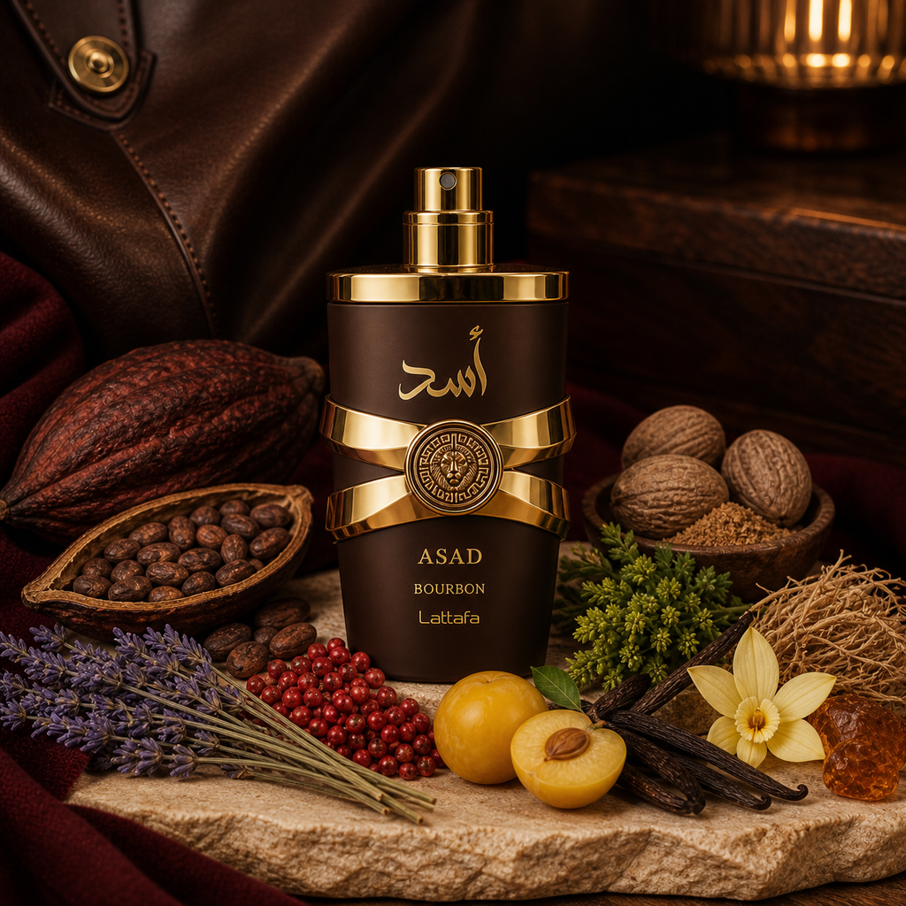 Asad Bourbon 30 ml entouré de poivre rose, lavande, mirabelle, cacao, muscade, vétiver, vanille et ambre