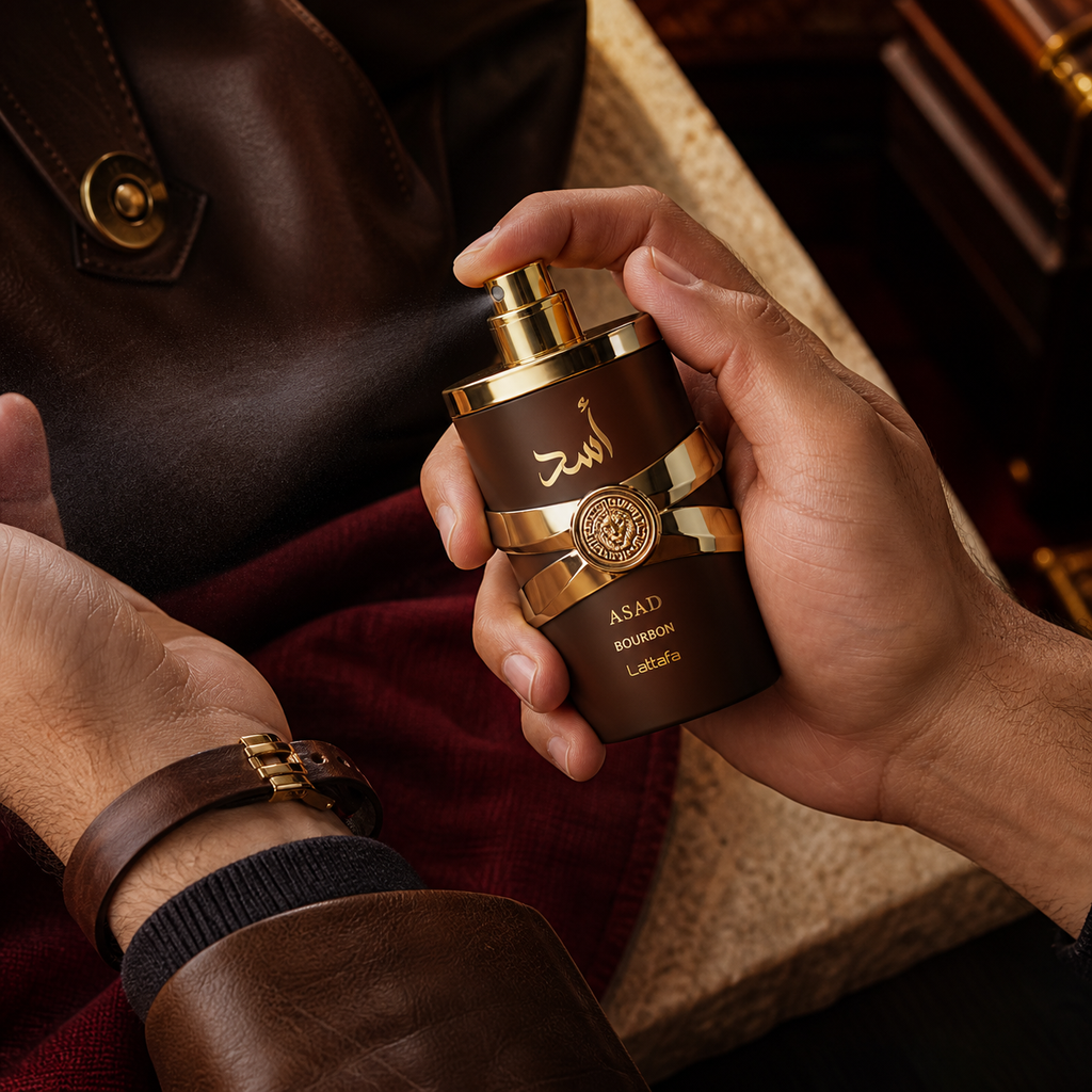 Asad Bourbon 30 ml vaporisé sur le poignet dans un décor masculin élégant