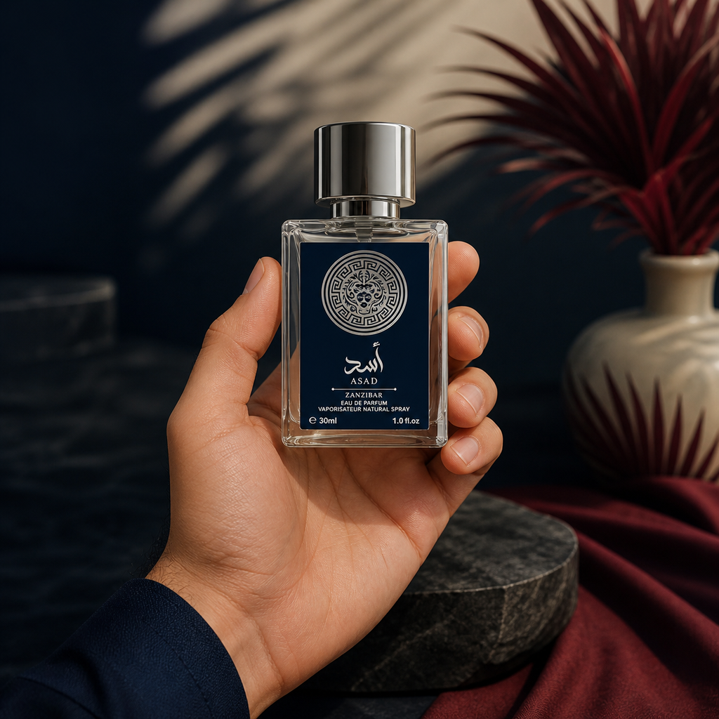 Asad Zanzibar 30 ml tenu en main dans un décor élégant