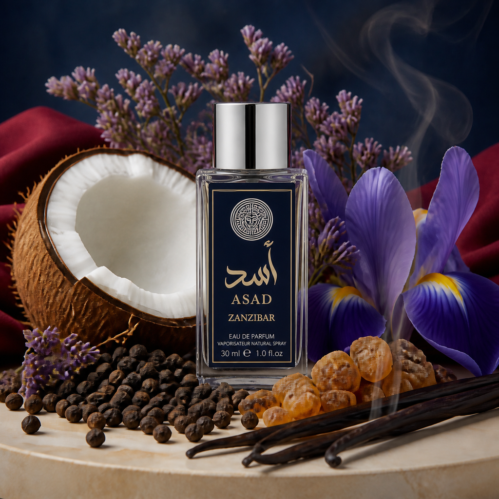 Asad Zanzibar 30 ml entouré de ses notes : coco, iris, poivre, lavande, vanille et encens