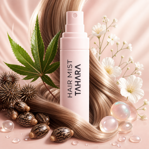 Brume cheveux Tahara entourée de cheveux brillants, huile de ricin et actifs de soin