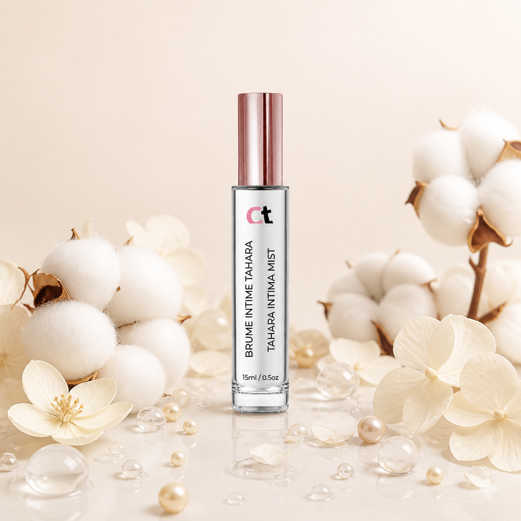 Brume intime Tahara 15 ml entourée de coton et de perles d’eau