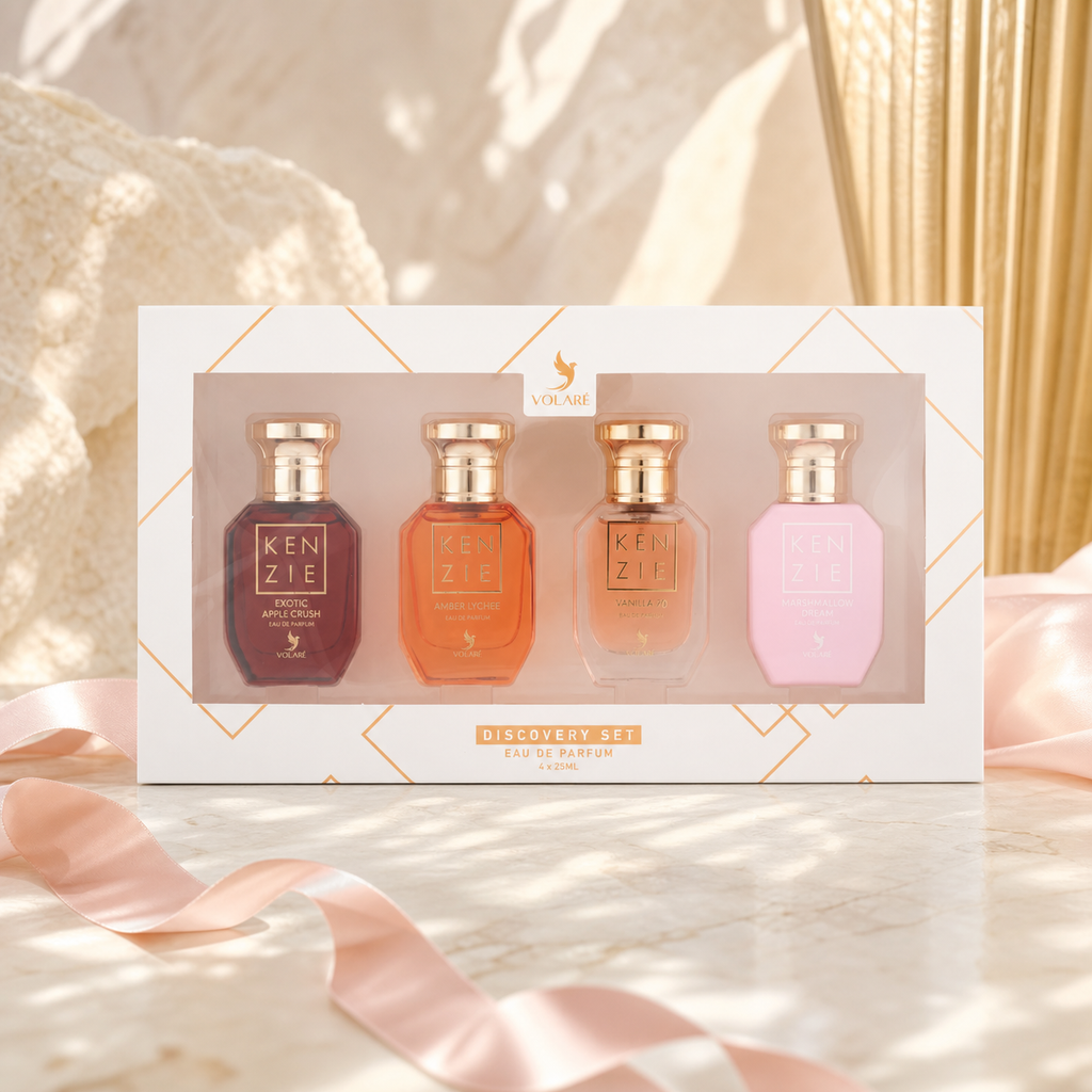 Coffret Kenzie Volaré quatre parfums 25 ml dans un décor cadeau