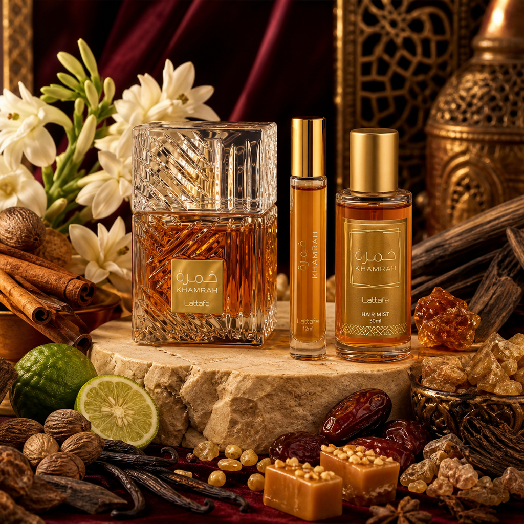 Coffret Khamrah Lattafa entouré de cannelle, bergamote, dattes, praliné, vanille, fève tonka, myrrhe et benjoin