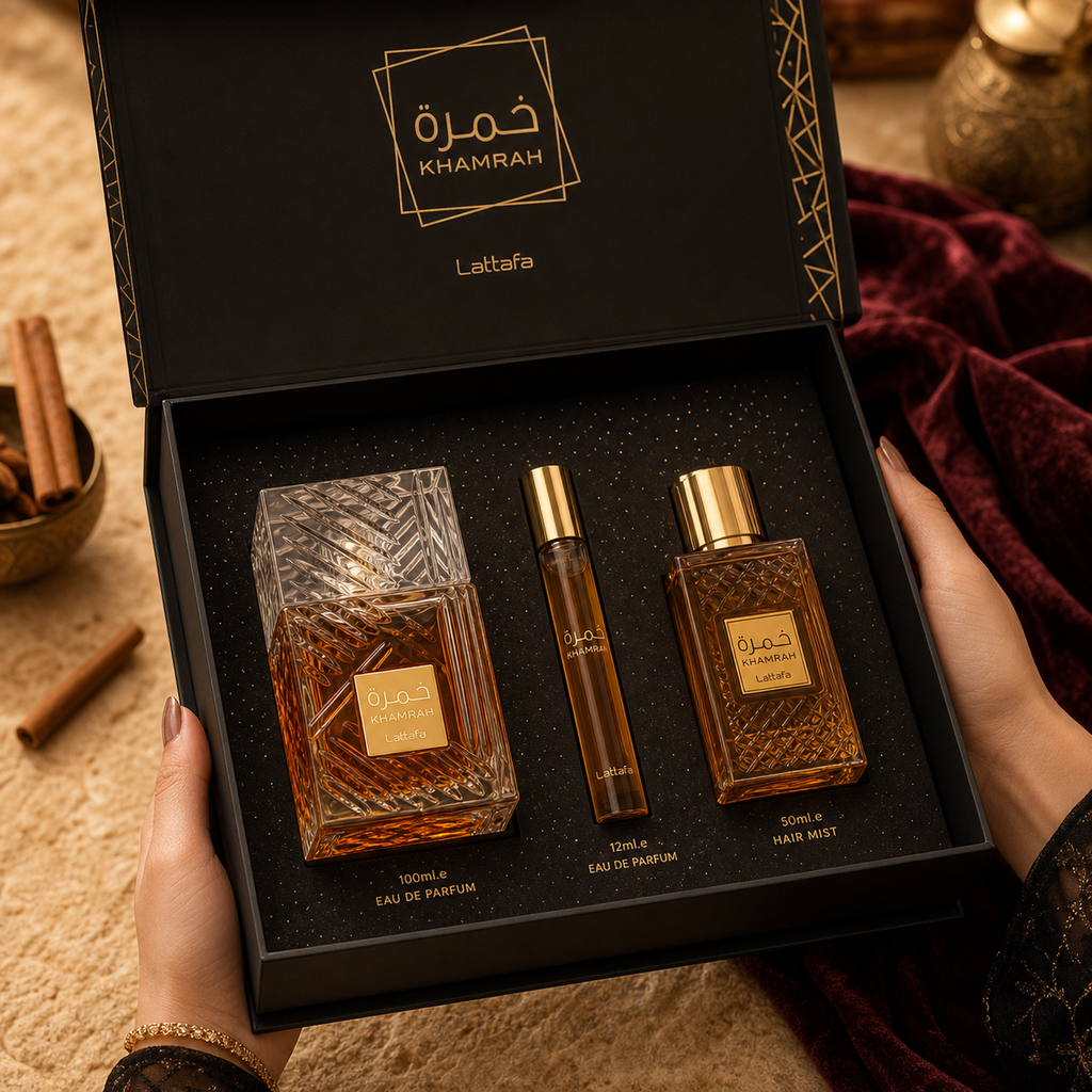 Coffret Khamrah Lattafa trois pièces avec parfum 100 ml, spray voyage 12 ml et brume cheveux 50 ml