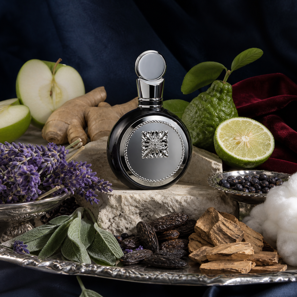 Fakhar Silver Lattafa 30 ml entouré de pomme, bergamote, gingembre, lavande, sauge, genièvre et fève tonka