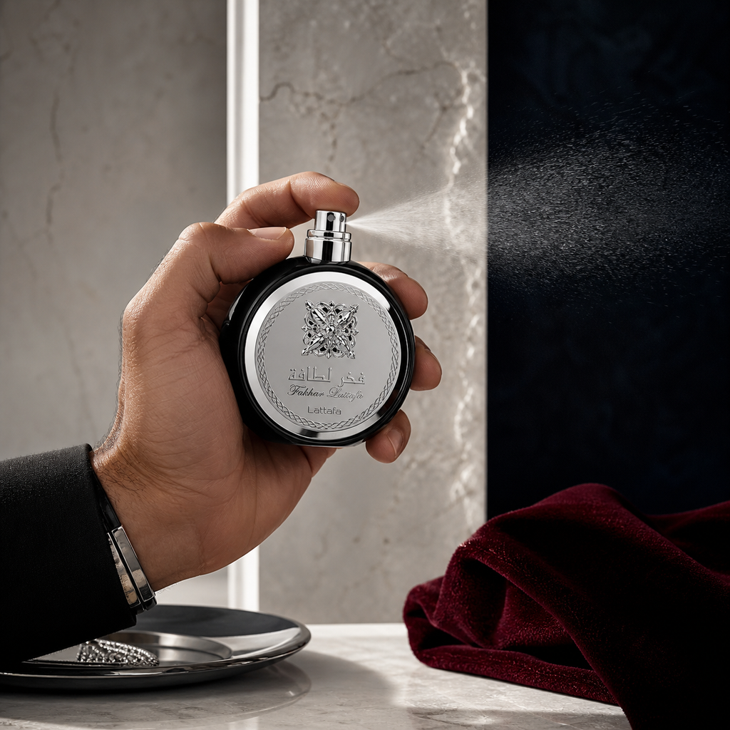 Fakhar Silver Lattafa mini parfum 30 ml tenu par une main masculine avec vaporisation