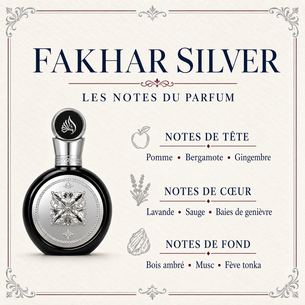 Notes olfactives du parfum Fakhar Silver Lattafa 30 ml : pomme, bergamote, gingembre, lavande, sauge, genièvre, bois ambré, musc et fève tonka