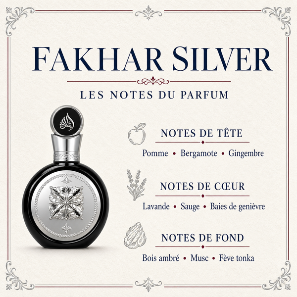 Notes olfactives de Fakhar Silver Lattafa 30 ml : mandarine, fleur d’oranger, rose de Bulgarie, vanille, santal et fève tonka