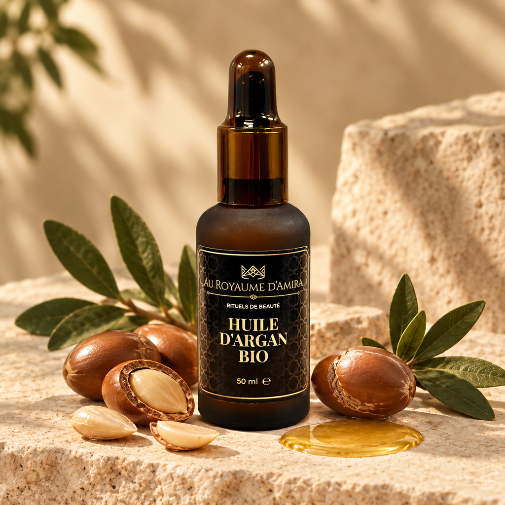 Huile d’argan bio Au Royaume d’Amira entourée de noix d’argan