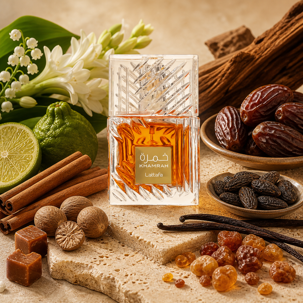 Khamrah Lattafa 100 ml entouré de ses ingrédients parfumés