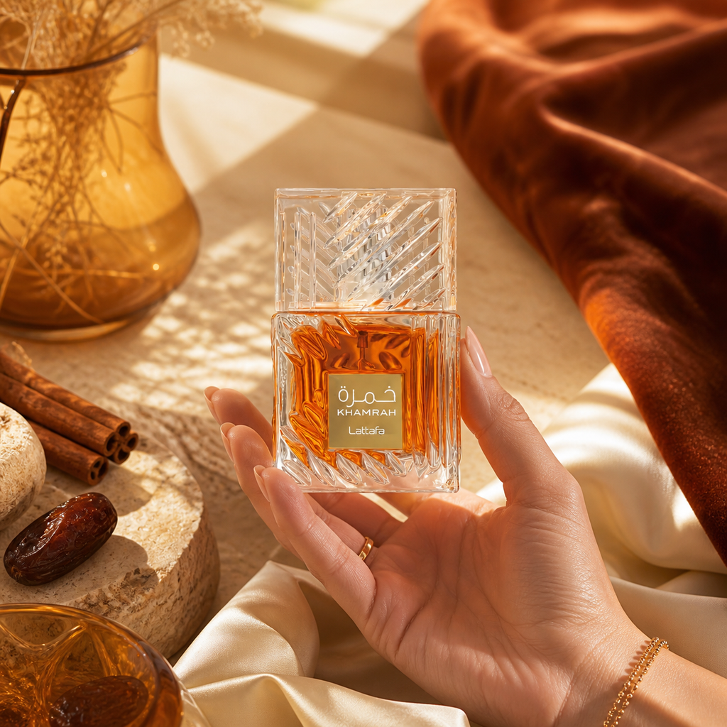 Khamrah Lattafa 100 ml tenu en main dans un décor gourmand