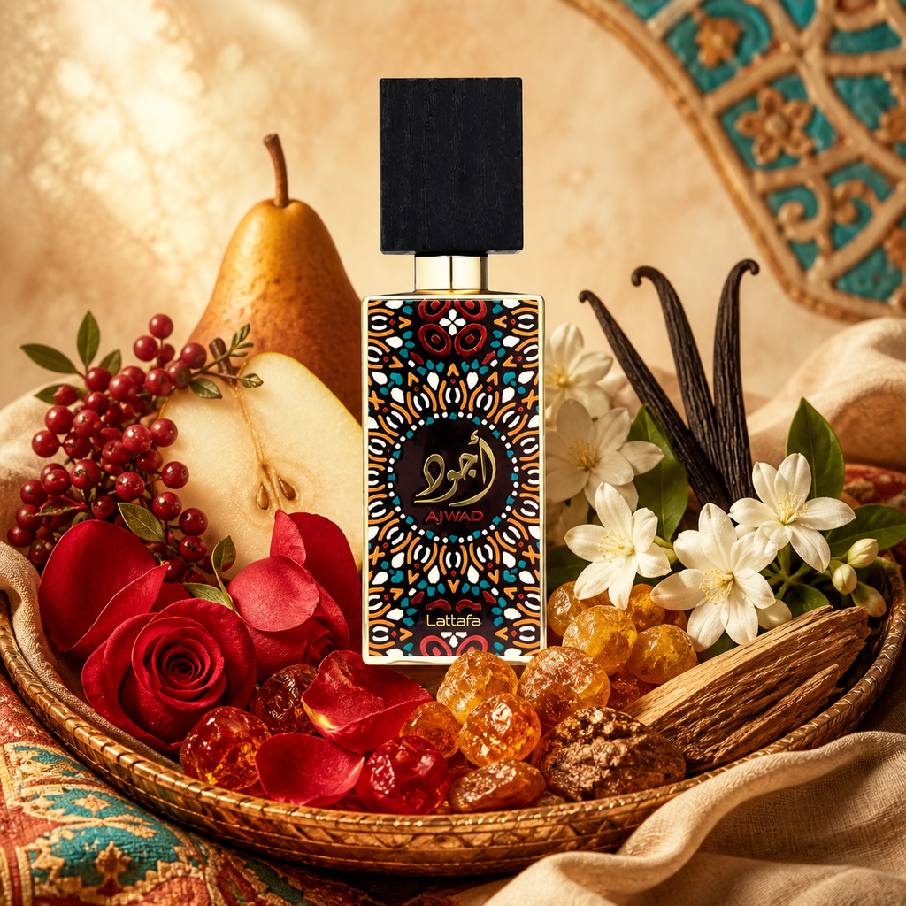 Lattafa Ajwad 60 ml entouré de ses notes fruitées, florales, ambrées et boisées