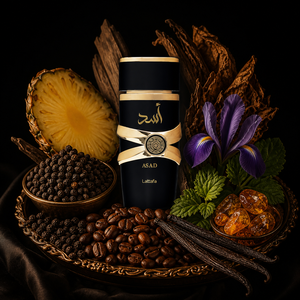 Lattafa Asad 100 ml entouré de ses notes épicées, boisées et vanillées