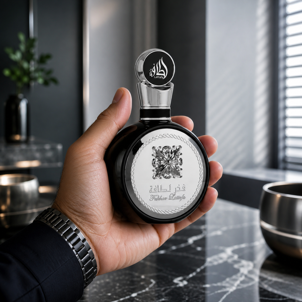 Lattafa Fakhar Black 100 ml tenu en main dans un décor argenté