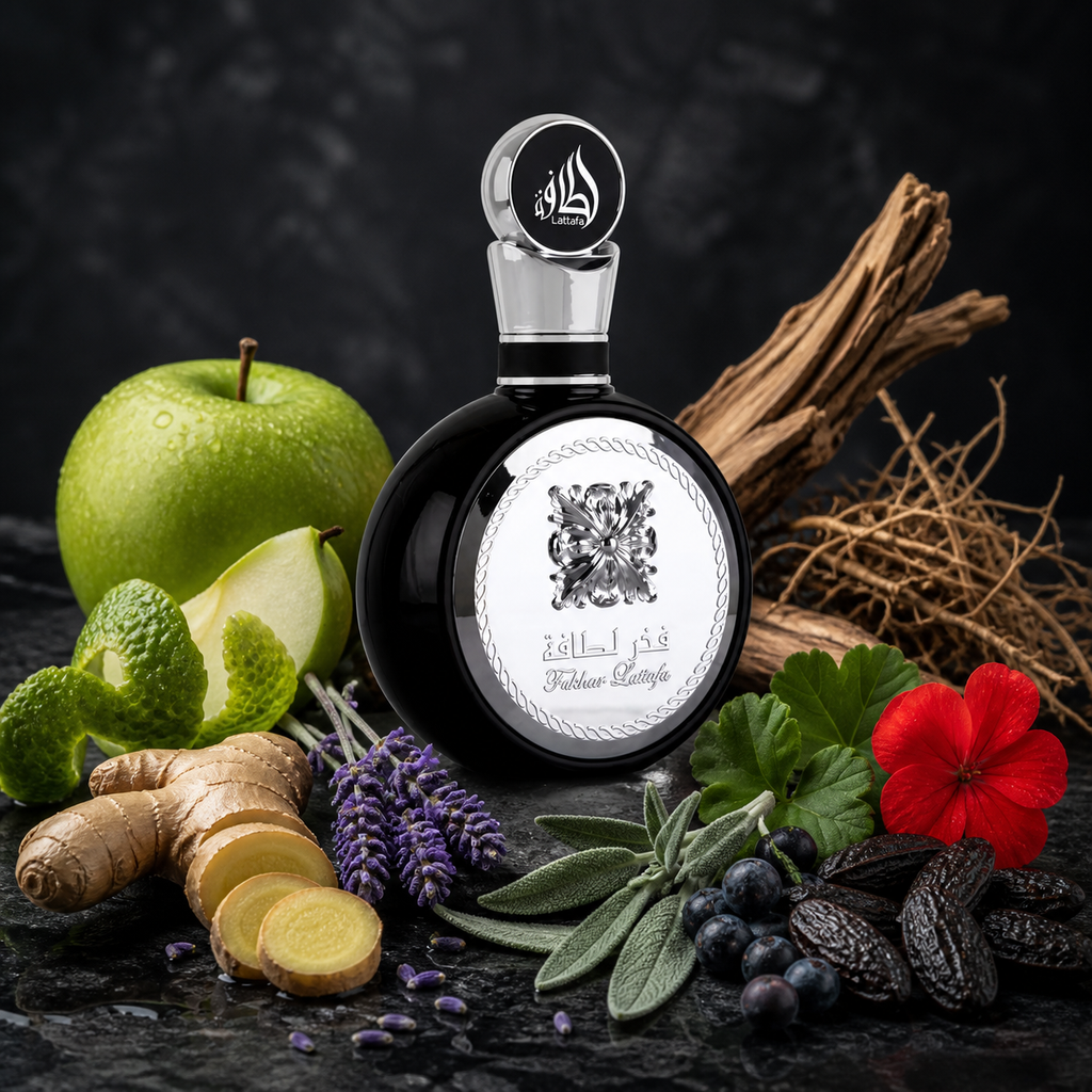 Lattafa Fakhar Black 100 ml entouré de ses notes fraîches, aromatiques et boisées
