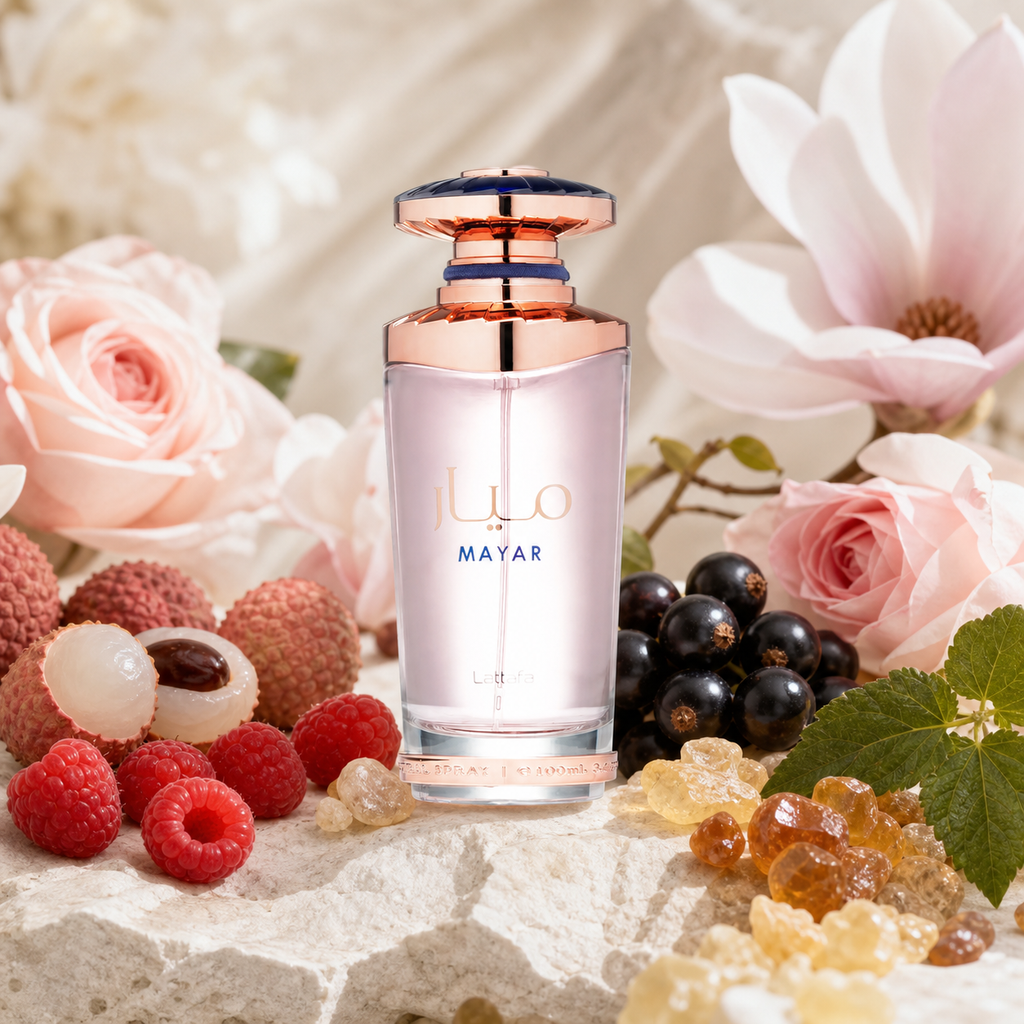 Mayar Lattafa 100 ml entouré de fruits, fleurs, ambre et patchouli