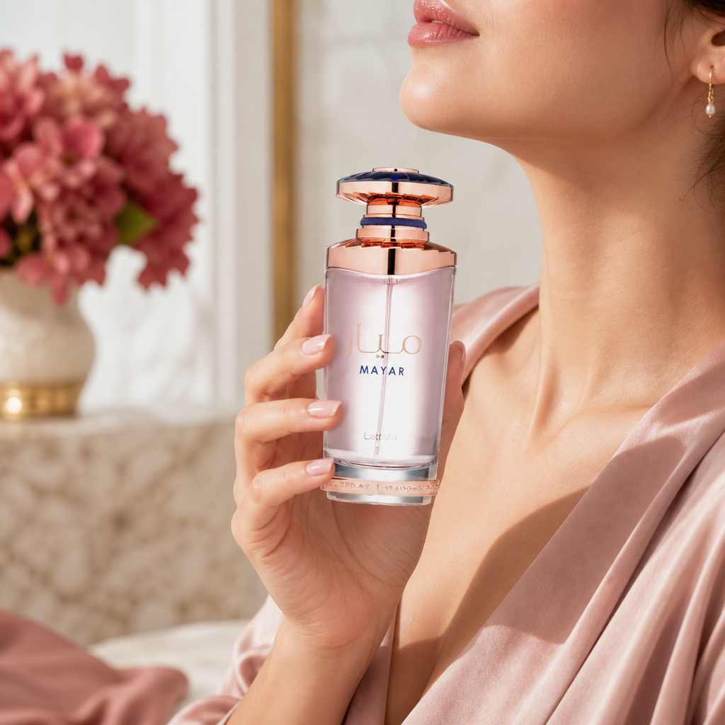 Mayar Lattafa 100 ml tenu près du cou dans un décor féminin