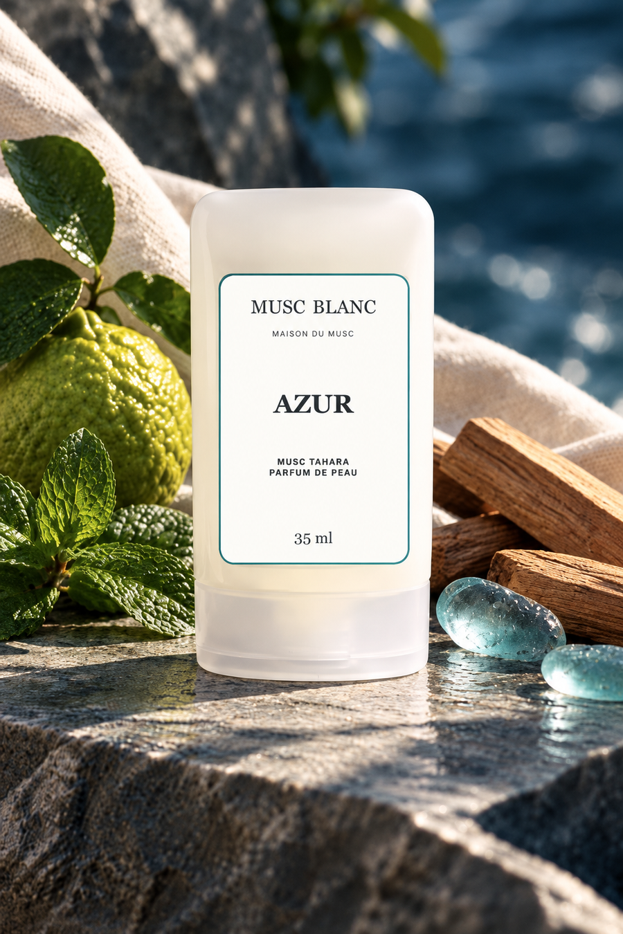 Musc Blanc Azur 35 ml — flacon nomade avec étiquette blanche et contour coloré