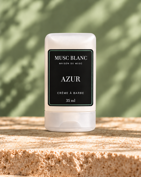 Crème à barbe AZUR 35 ml Musc Blanc — flacon blanc et étiquette noire