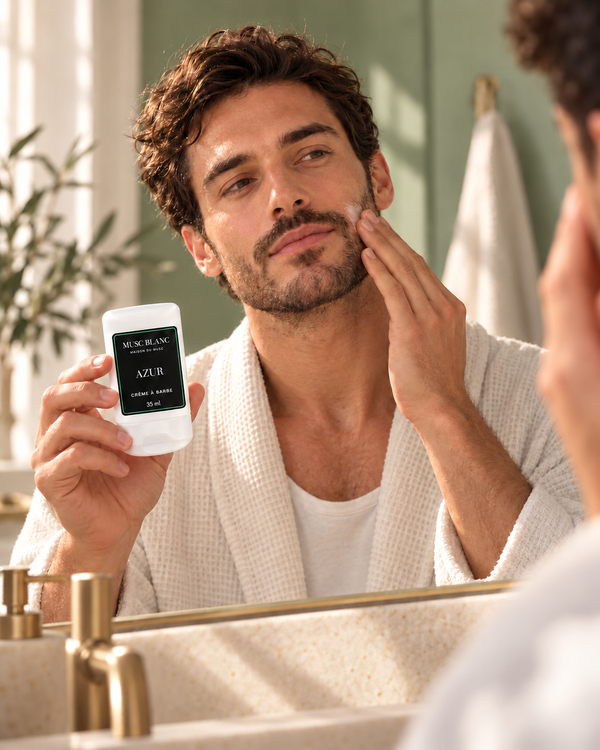 Crème à barbe AZUR 35 ml Musc Blanc — application discrète sur la barbe