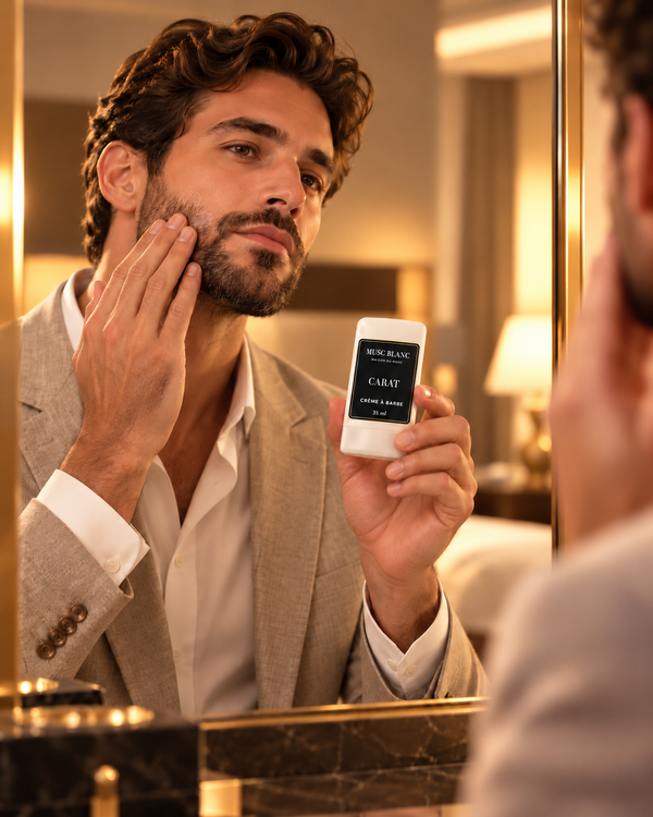 Crème à barbe CARAT 35 ml Musc Blanc — application discrète sur la barbe