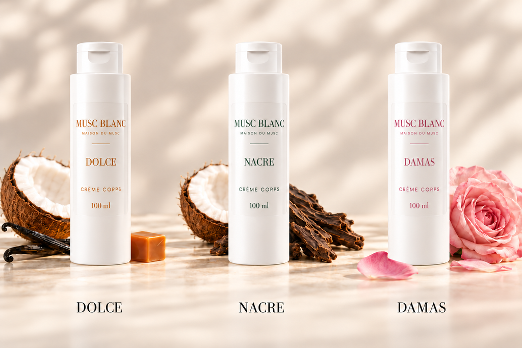 Les trois crèmes corps Musc Blanc 100 ml : Dolce, Nacre et Damas