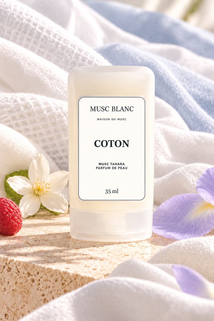Musc Blanc Coton 35 ml — flacon nomade avec étiquette blanche et contour coloré