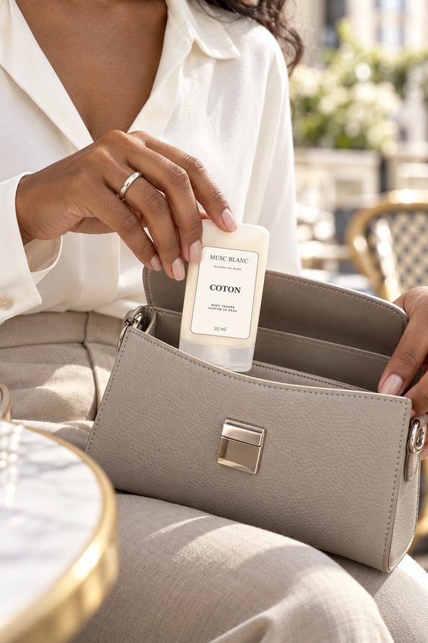 Musc Blanc Coton 35 ml — une femme glisse le flacon dans son petit sac à main