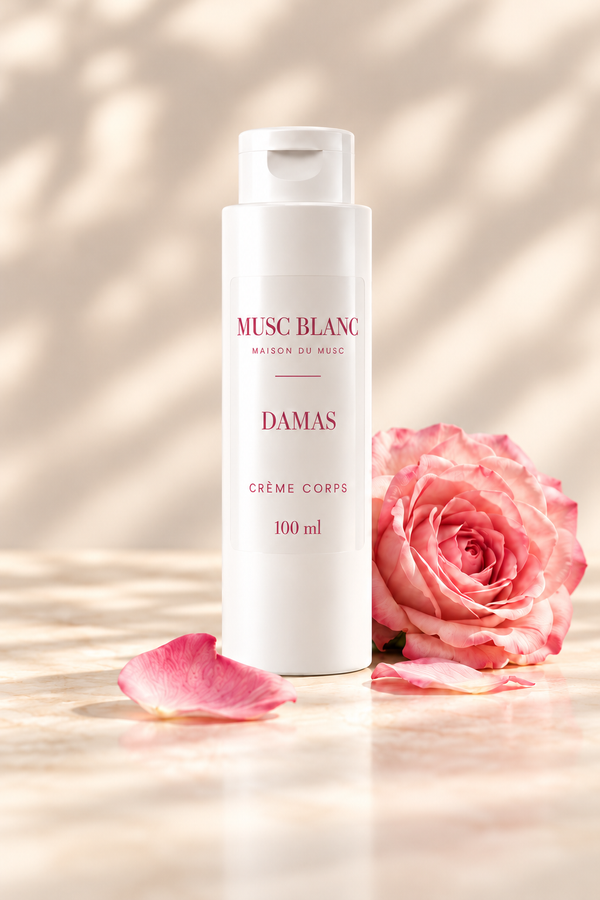 Crème corps DAMAS Musc Blanc 100 ml, flacon blanc et étiquette transparente