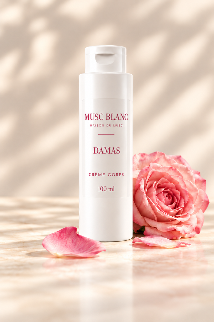 Crème corps DAMAS Musc Blanc 100 ml, flacon blanc et étiquette transparente
