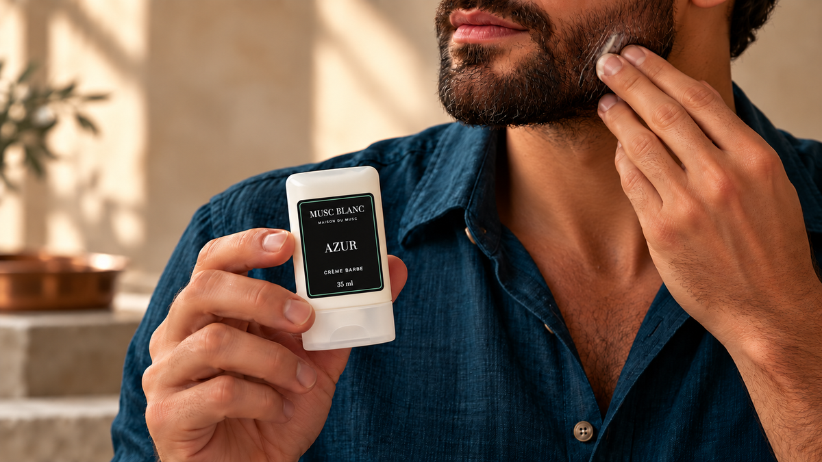 Un homme applique la crème à barbe Azur Musc Blanc 35 ml ; le flacon nomade à étiquette noire est visible dans sa main.