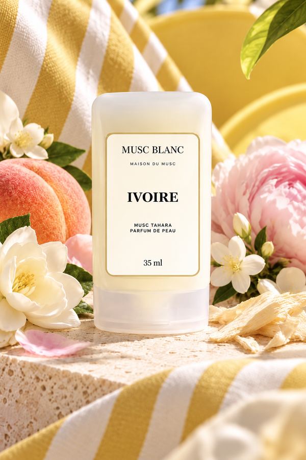Musc Blanc Ivoire 35 ml — flacon nomade avec étiquette blanche et contour coloré