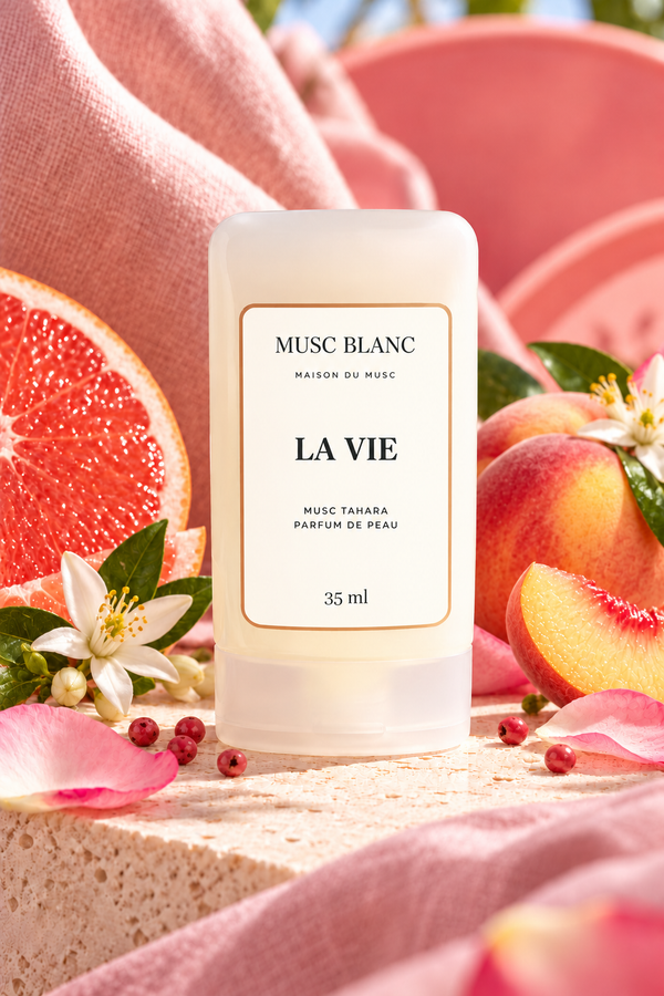 Musc La Vie 35 ml : flacon nomade Musc Blanc, étiquette blanche et fin contour coloré.