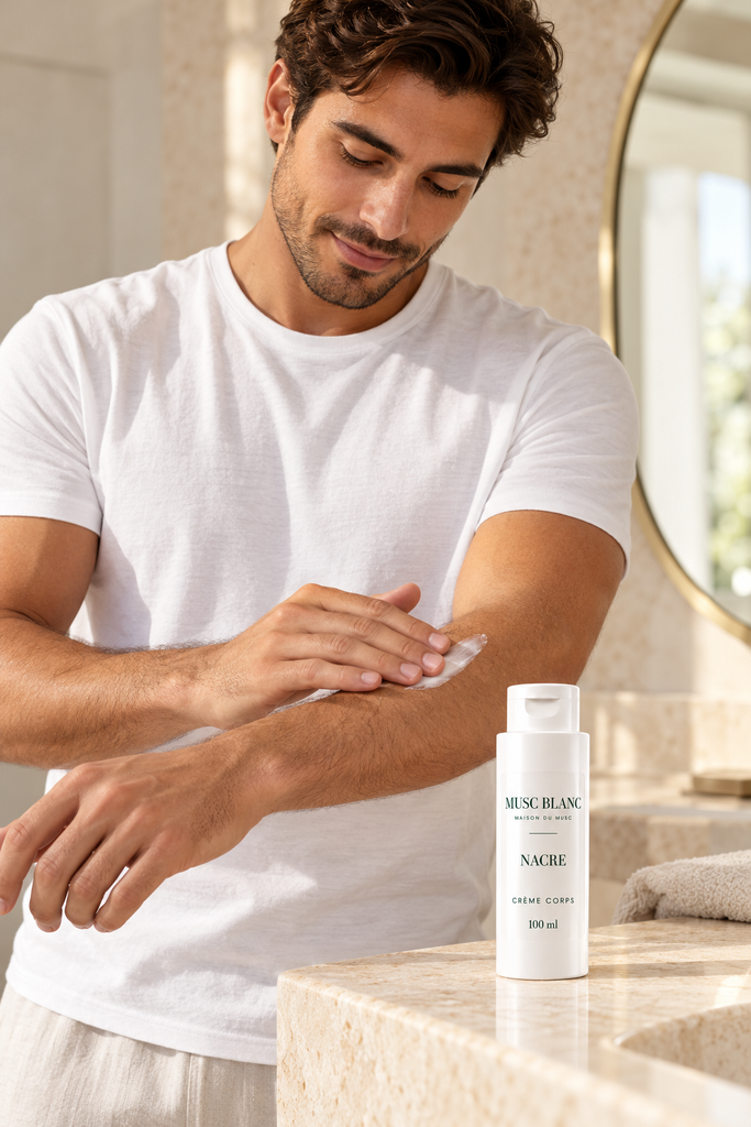 Application de la crème corps Nacre Musc Blanc sur le bras par un homme, avec le flacon 100 ml et son étiquette transparente.