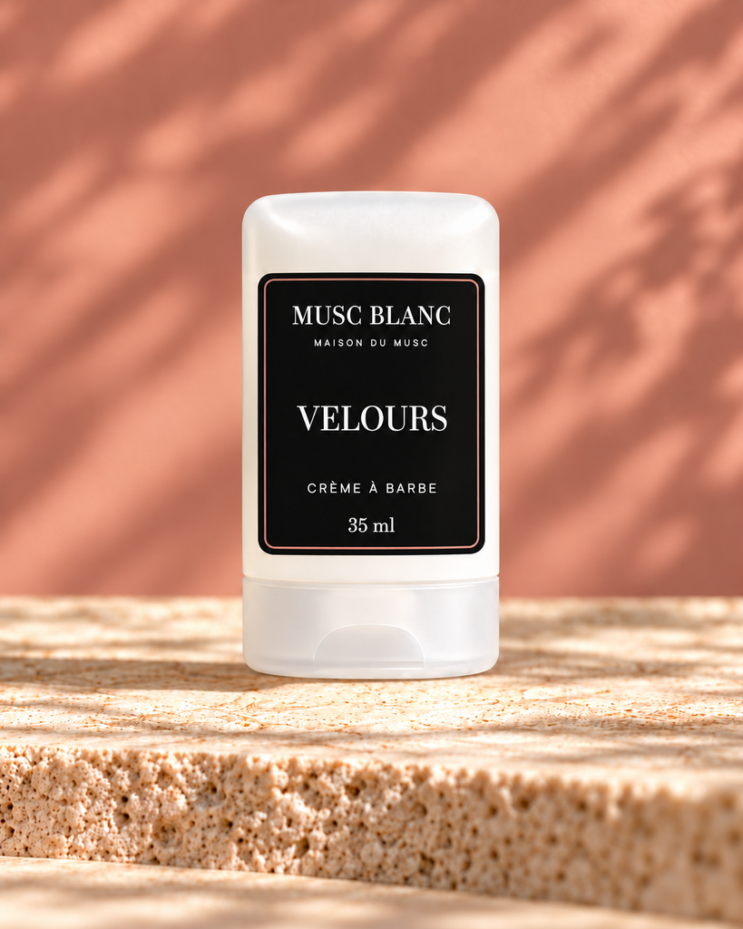 Crème à barbe VELOURS 35 ml Musc Blanc — flacon blanc et étiquette noire