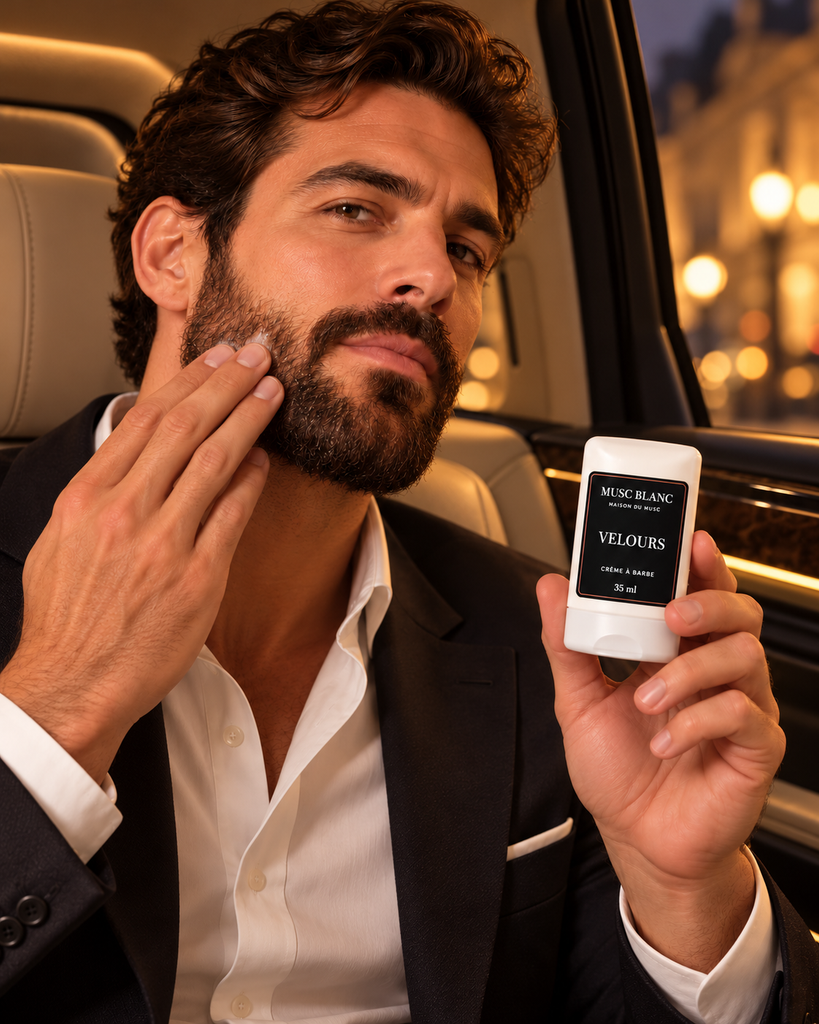 Crème à barbe VELOURS 35 ml Musc Blanc — application discrète sur la barbe