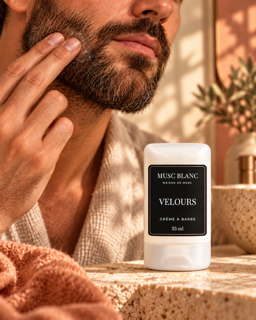 Crème à barbe VELOURS 35 ml Musc Blanc — gros plan du geste d'application