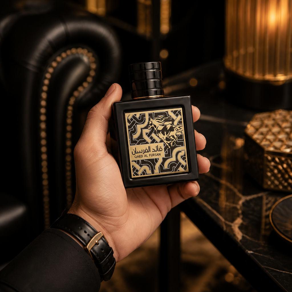 Qaed Al Fursan 90 ml tenu en main dans un décor noir et doré