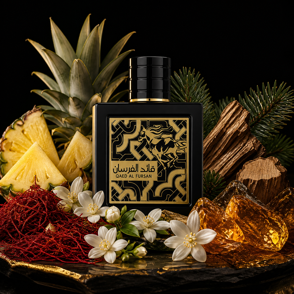 Qaed Al Fursan 90 ml entouré d’ananas, safran, jasmin, bois et ambre