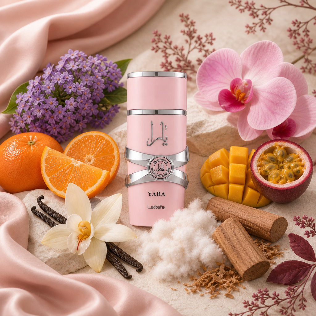 Yara 30 ml entouré de ses notes florales, tropicales, vanillées et boisées