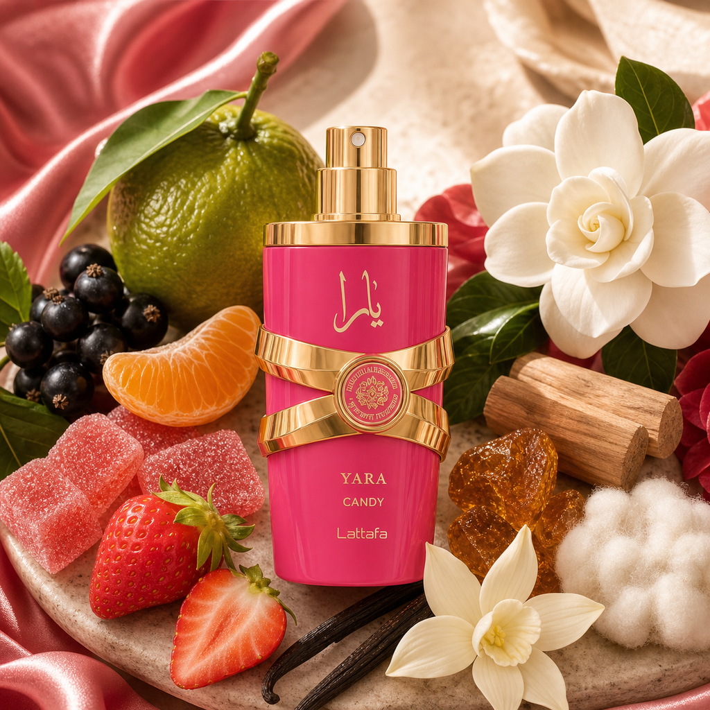 Yara Candy 30 ml entouré de mandarine, cassis, fraise, gardénia, vanille, ambre et santal