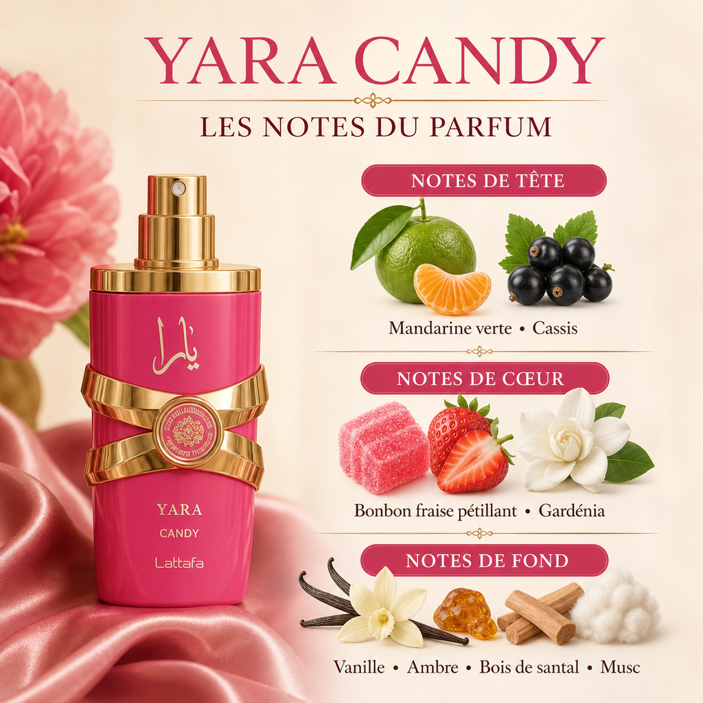 Notes de Yara Candy 30 ml : mandarine verte, cassis, fraise, gardénia, vanille, ambre, santal et musc