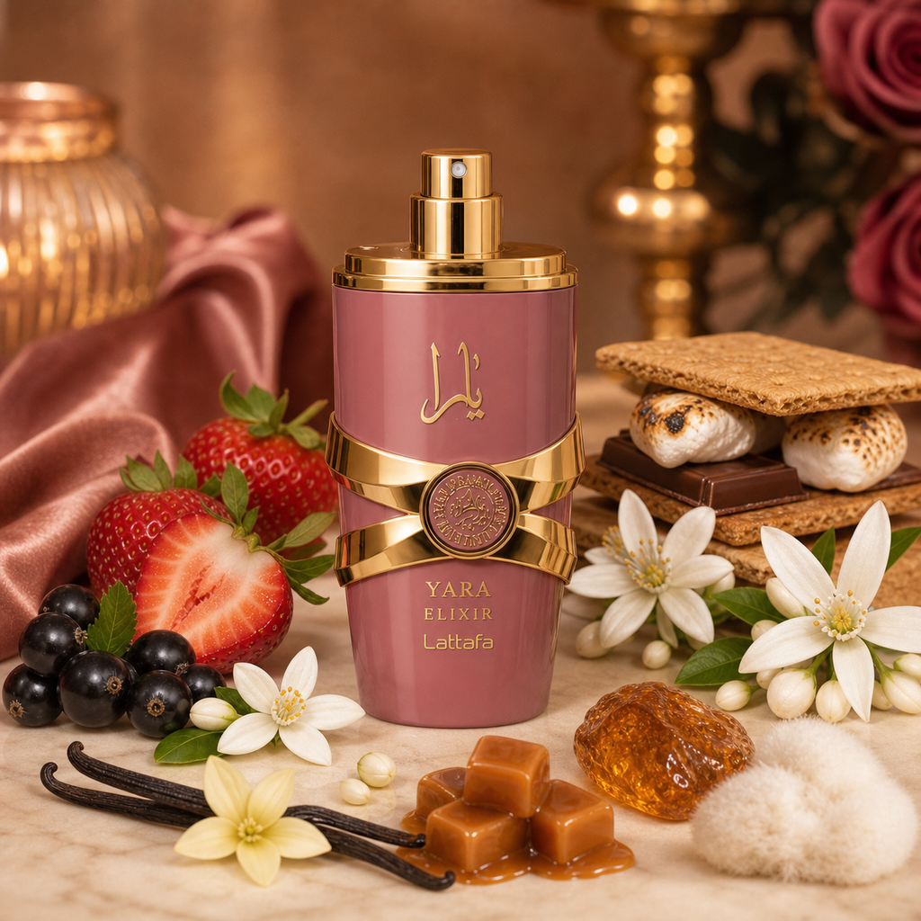 Yara Elixir 30 ml entouré de fraise, cassis, fleurs blanches, vanille, caramel, ambre et musc