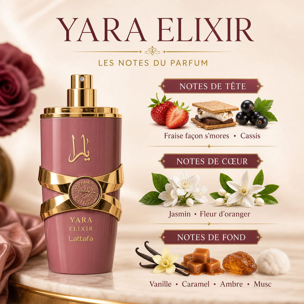 Notes de Yara Elixir 30 ml : fraise s’mores, cassis, jasmin, fleur d’oranger, vanille, caramel, ambre et musc